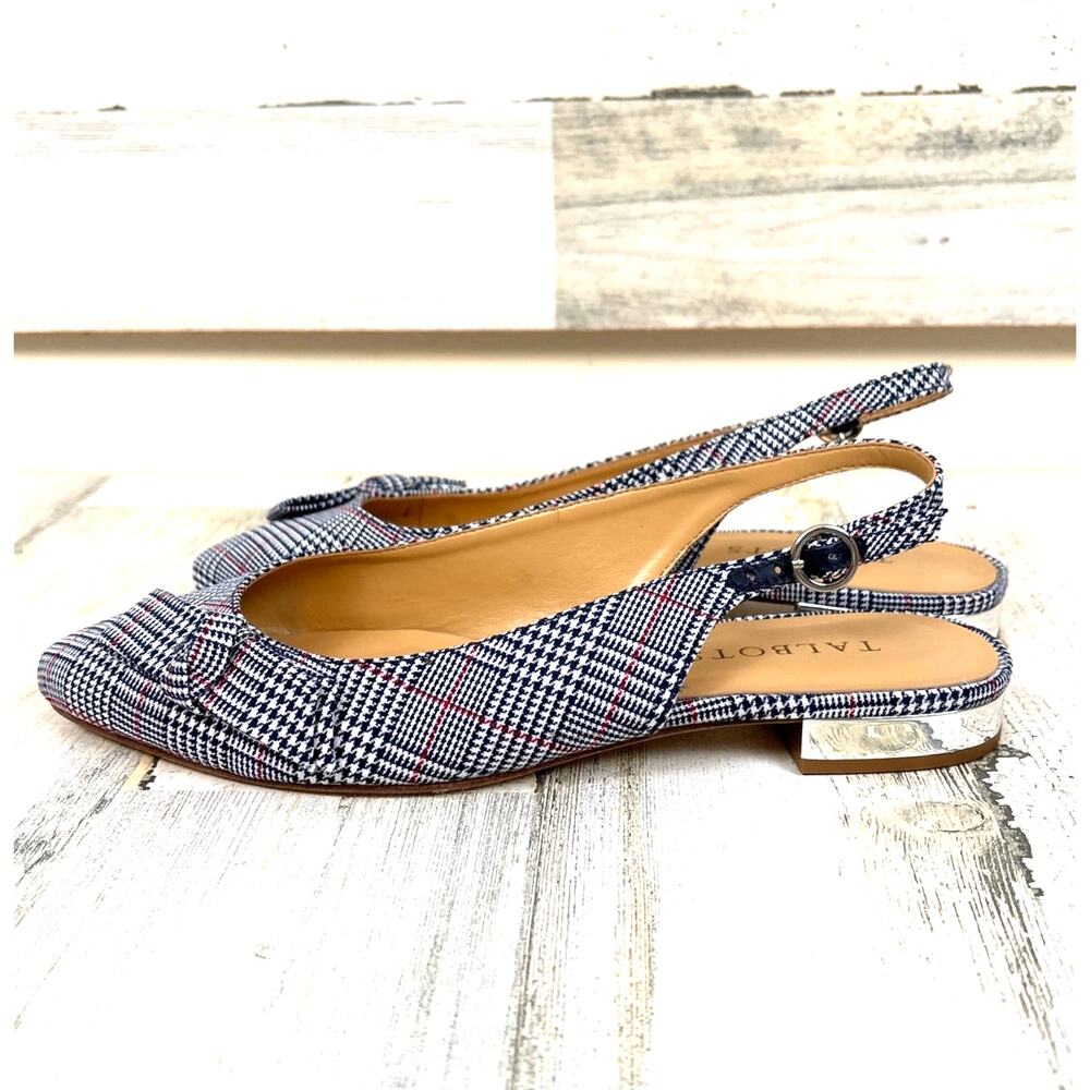 Talbots 7 Black White Plaid Edison Flats Preppy Slingback NEW Workwear